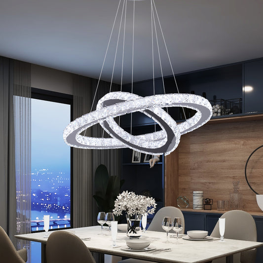 （35）Deckrico 2 Rings Modern Chandeliers Dimmable Crystal Chandelier LED Chandelier Pendant Island Light Modern Ceiling Light Fixture for Kitchen Dining Room Living Room Bedroom